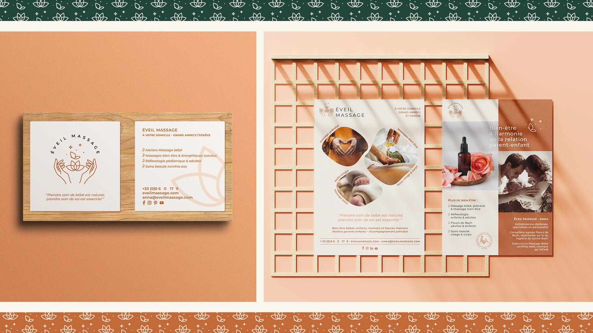 Cartes de visite carrée et flyer, création logo massage bébé